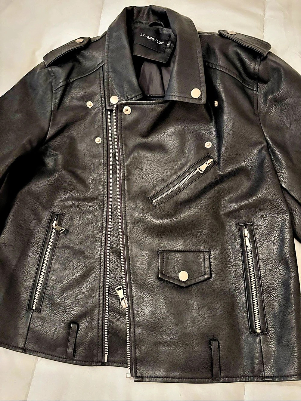 LY VAREY LIN Stylish Faux Leather Motorcycle Jacket Black Size Large
